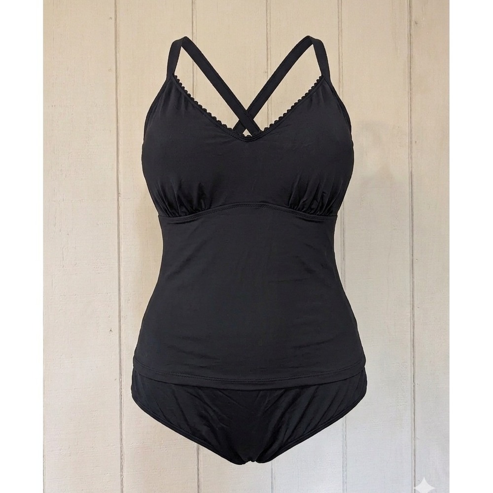 Lands End Black Tankini Set Scallop Trim High Waist Bottoms Plus Size 22W